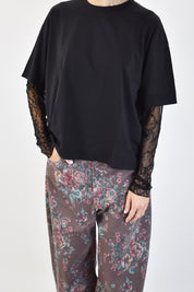 t-shirt susymix con manica in pizzo, vestibilità morbida, casual chic, nero, articolo 11073