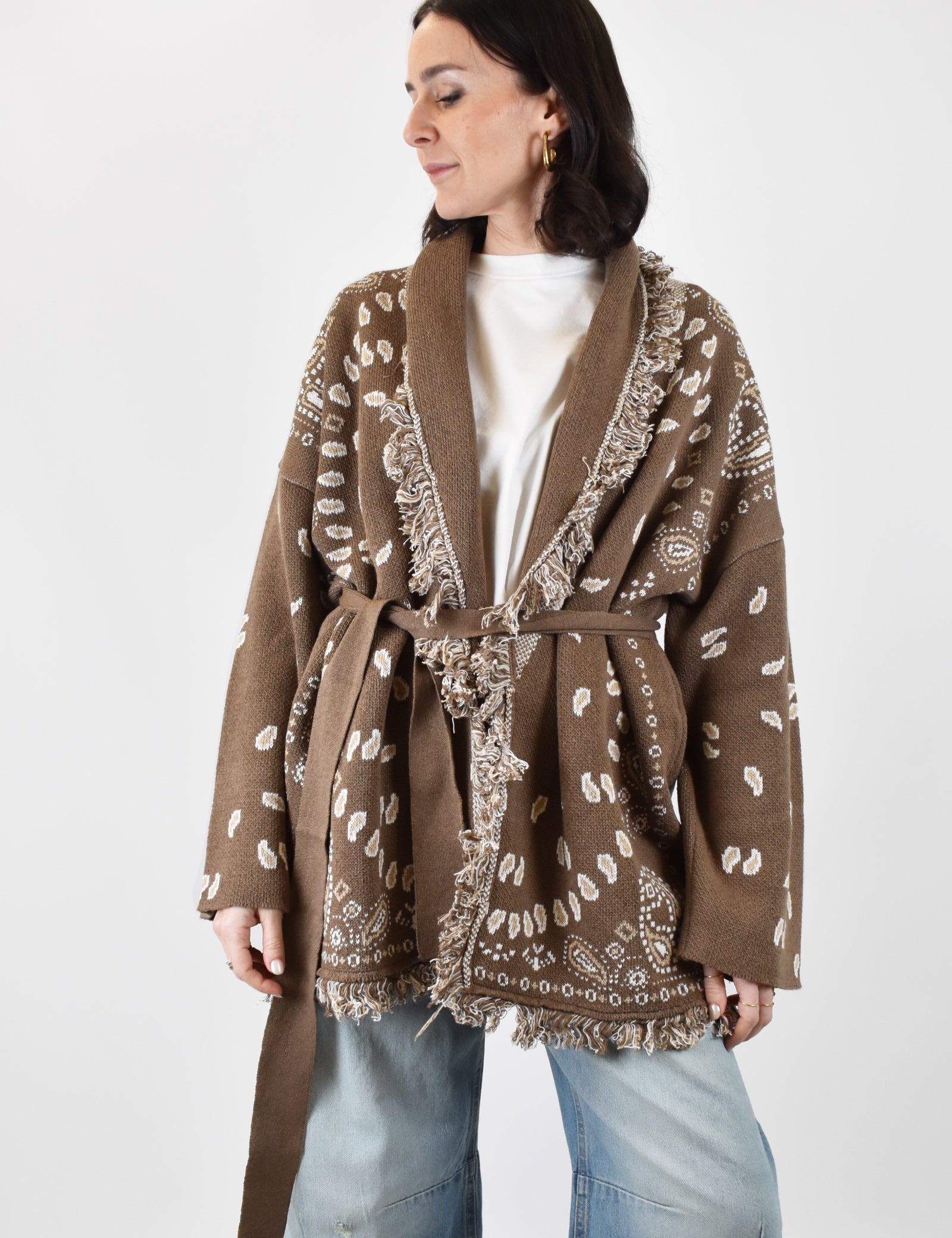 tensione in cardigan donna stampa bandana marrone, P6HMG38A414