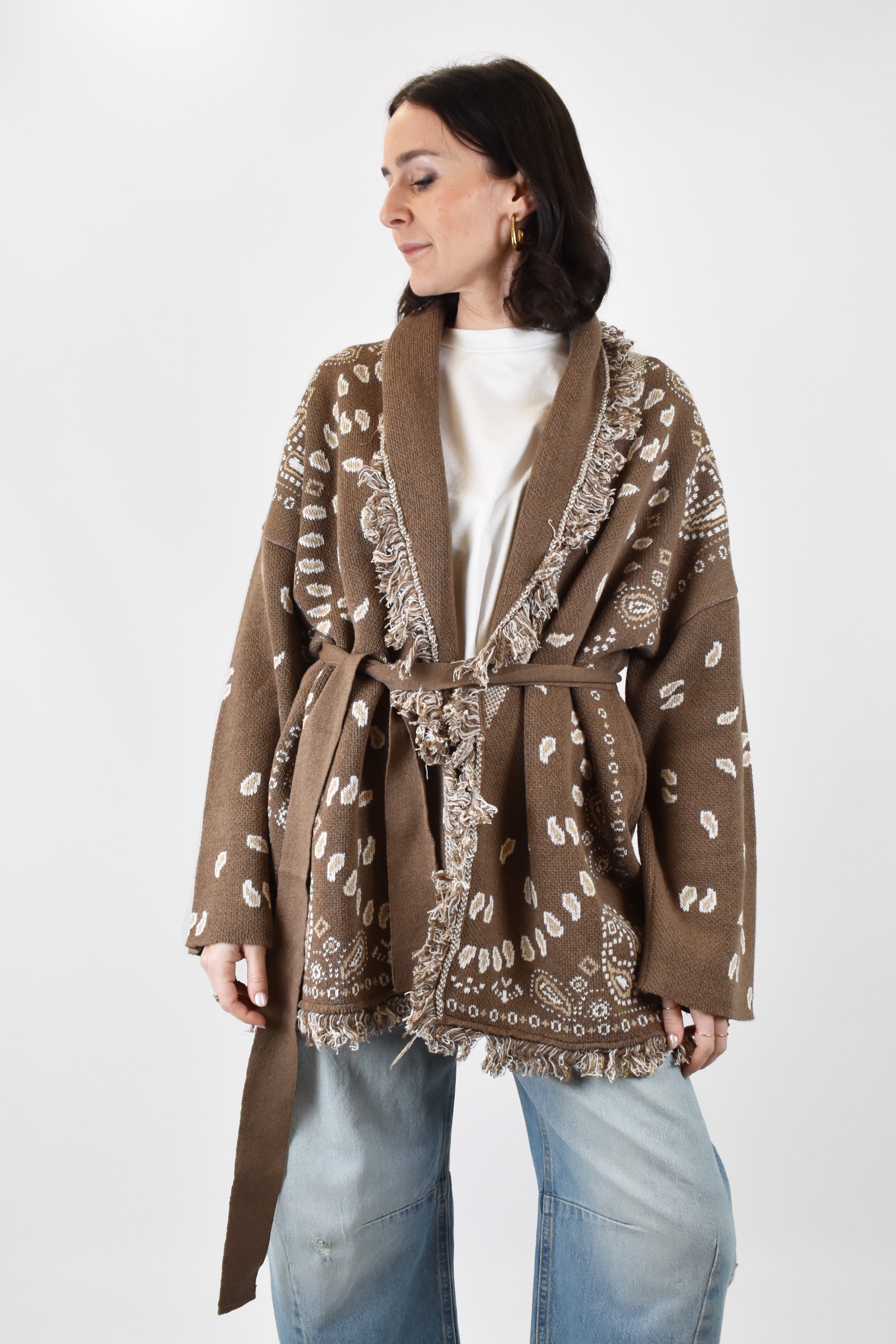 tensione in cardigan donna stampa bandana marrone, P6HMG38A414