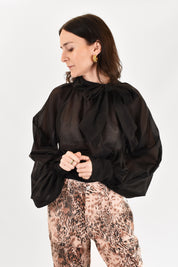 camicia nera con fiocco e maxi manica Vicolo